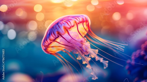A vibrant jellyfish swimming underwater with a colorful, bokeh light background. photo