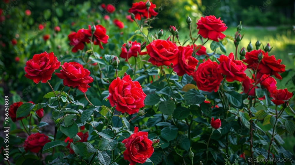 Red roses bloom in the summer in the country garden Red roses bloom in the summer in the country garden