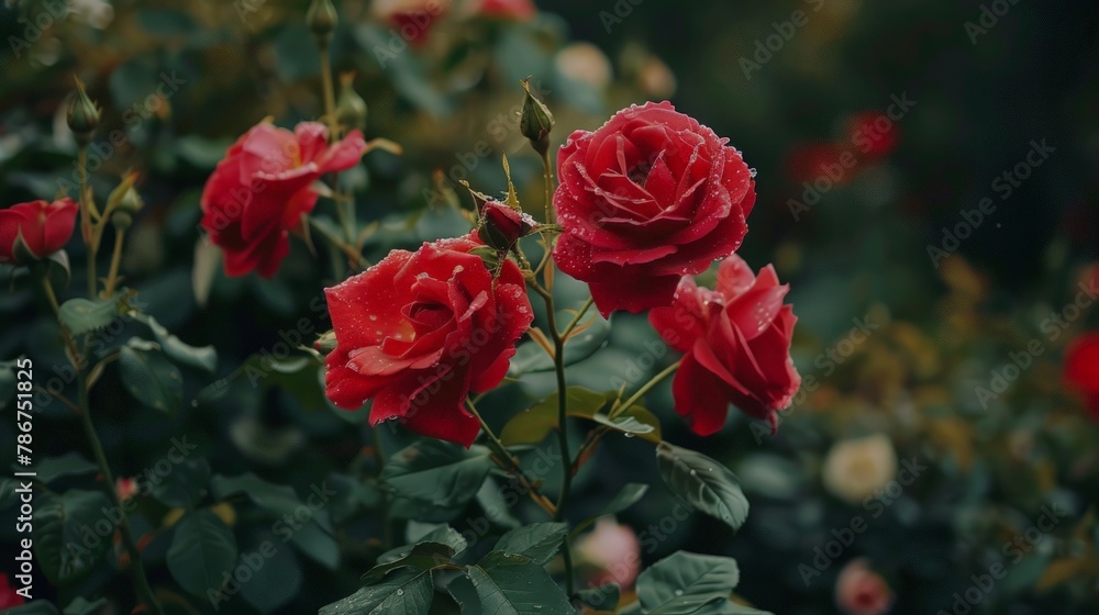 Red roses bloom in the summer in the country garden Red roses bloom in the summer in the country garden
