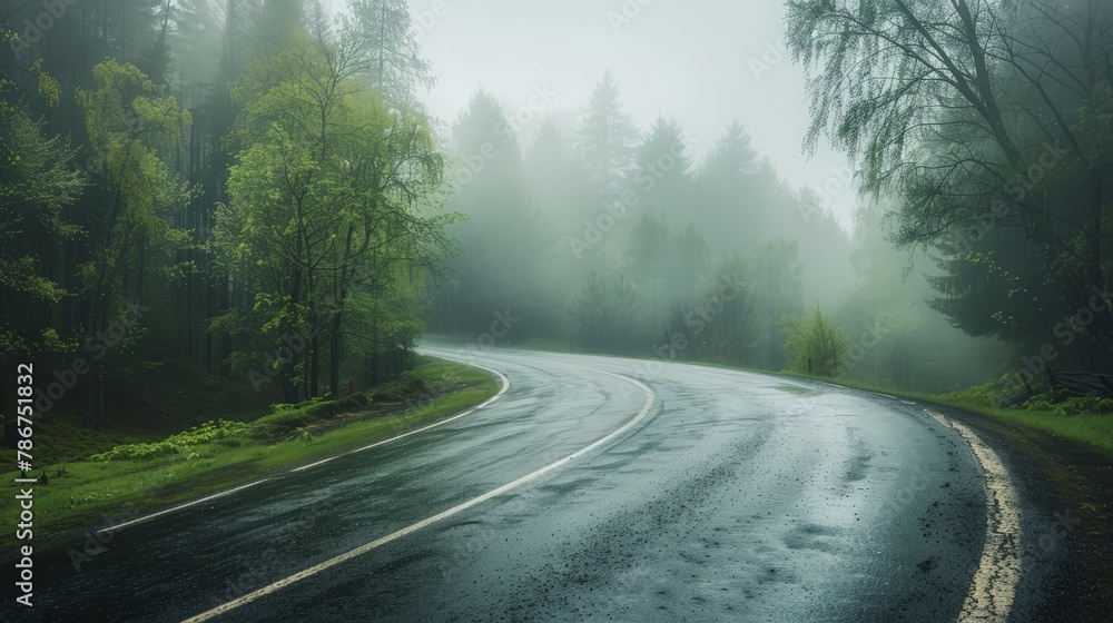 Road in foggy forest in rainy day in spring. Beautiful mountain curved roadway, trees with green foliage in fog and overcast sky.