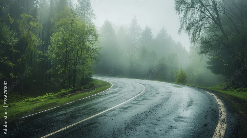 Road in foggy forest in rainy day in spring. Beautiful mountain curved roadway, trees with green foliage in fog and overcast sky. Road in foggy forest in rainy day in spring. Beautiful mountain curved roadway, trees with green foliage in fog and overcast sky.