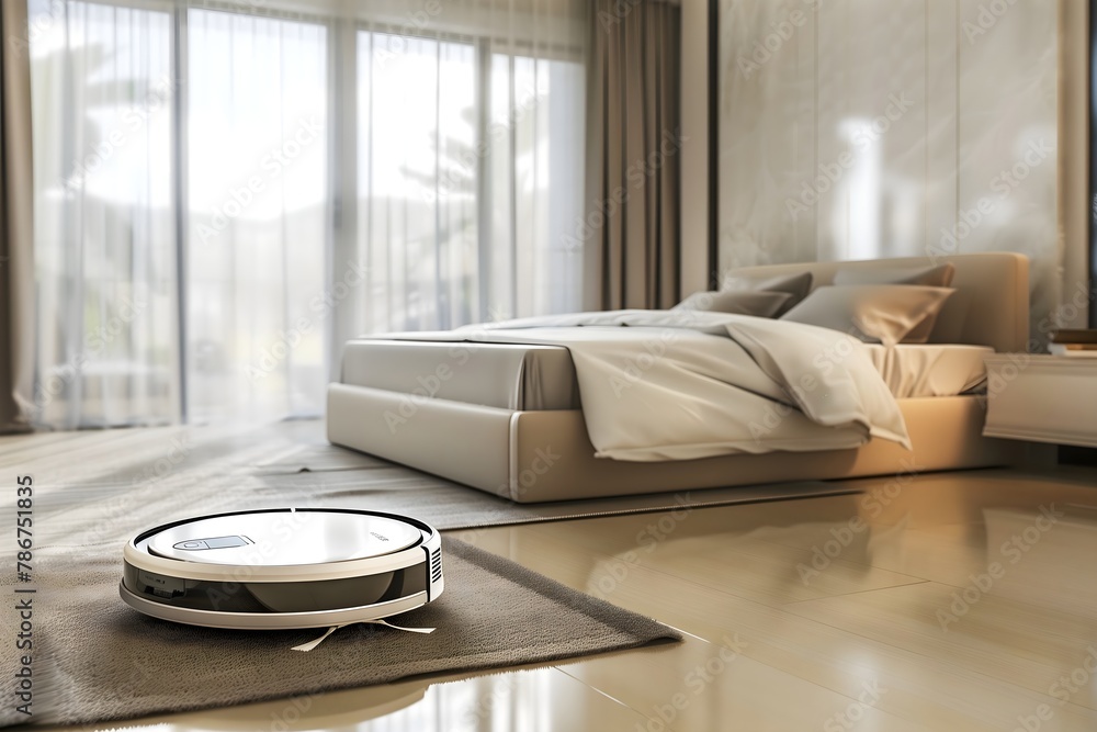 A modern bedroom with a robotic vacuum cleaner operating on a wooden floor, featuring a large bed and stylish decor. A modern bedroom with a robotic vacuum cleaner operating on a wooden floor, featuring a large bed and stylish decor.