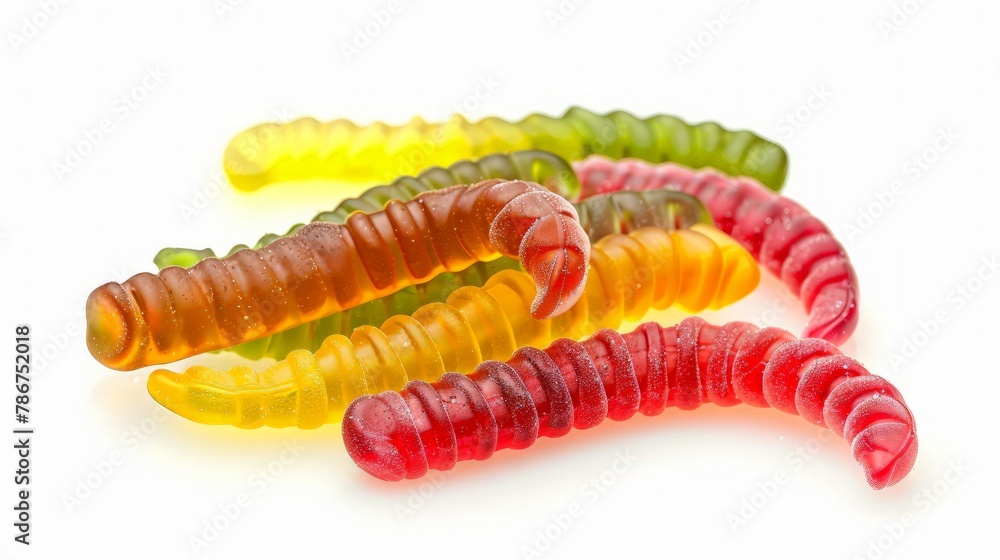 Sour gummy worms isolated on white background, full depth of field Sour gummy worms isolated on white background, full depth of field