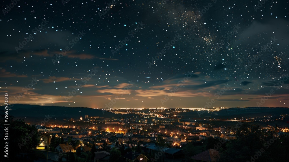 Starry night sky over city lights.