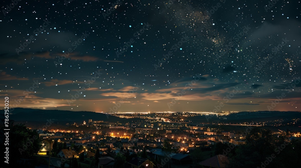 Starry night sky over city lights. Starry night sky over city lights.