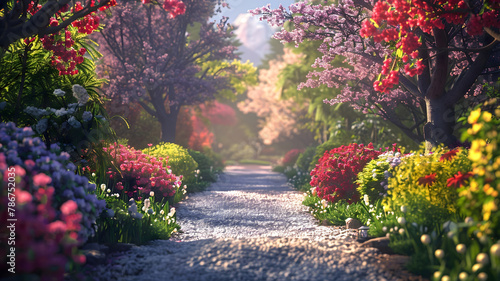  The soft crunch of gravel pathways and the vibrant colors of blossoms in full bloom, guiding your senses on a journey through a picturesque spring garden. 
 photo