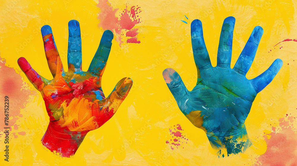 Colorful painted children's hands, artistic kids activities, playful handprints, creativity, art education, joyful expression, yellow background Colorful painted children's hands, artistic kids activities, playful handprints, creativity, art education, joyful expression, yellow background
