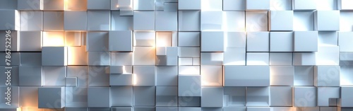 Geometric White Cubes Texture Wall with Glowing Lights - Abstract Background Banner Illustration