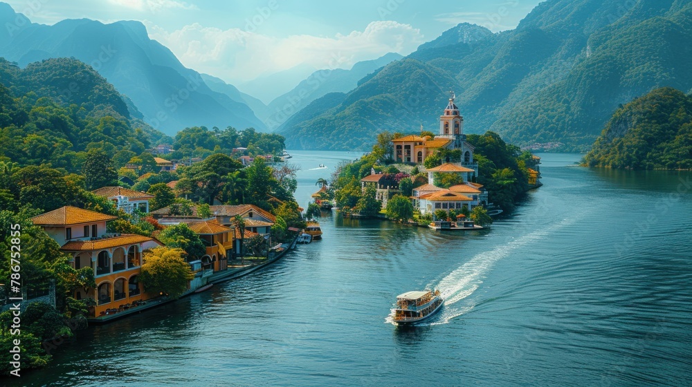 Tranquil river cruise past historic landmarks and traditional villages, offering a glimpse into the past - obrazy, fototapety, plakaty 