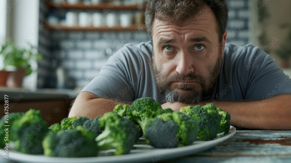sad mature man looking at broccoli on plate at table in kitchen sad mature man looking at broccoli on plate at table in kitchen