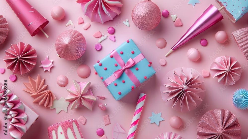 Collection of pink birthday party objects in a gift box Collection of pink birthday party objects in a gift box