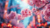 Vibrant cherry blossom festival, with crowds of people admiring the beautiful blooms under a clear blue sky