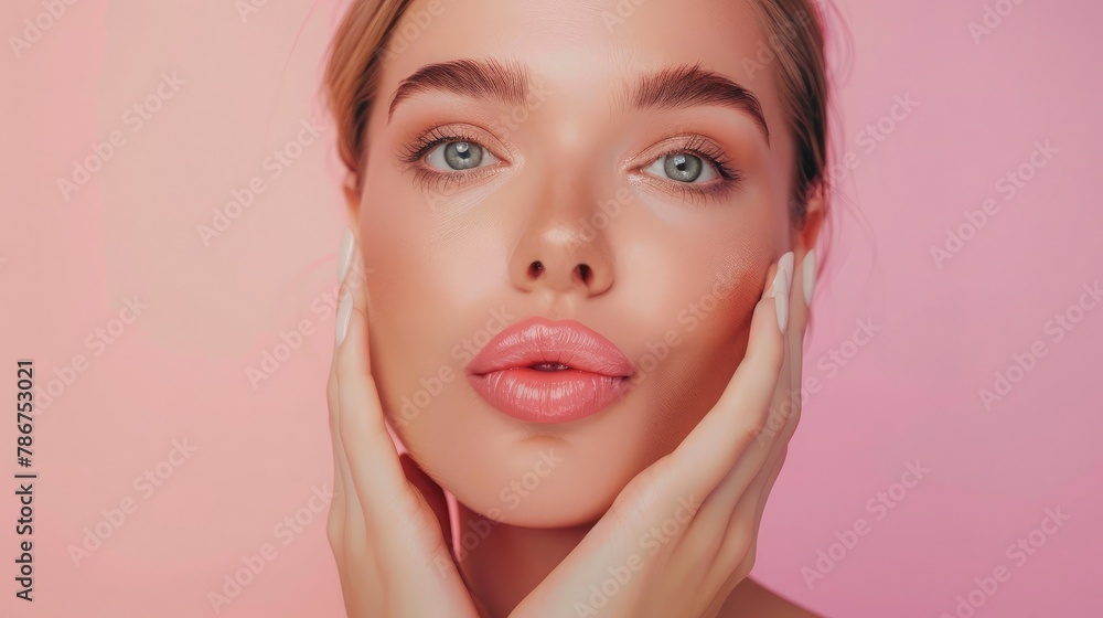 Cosmetics and skin care Portrait of beautiful woman pucker lips kissing showing natural clean facial skin standing over pink background Cosmetics and skin care Portrait of beautiful woman pucker lips kissing showing natural clean facial skin standing over pink background
