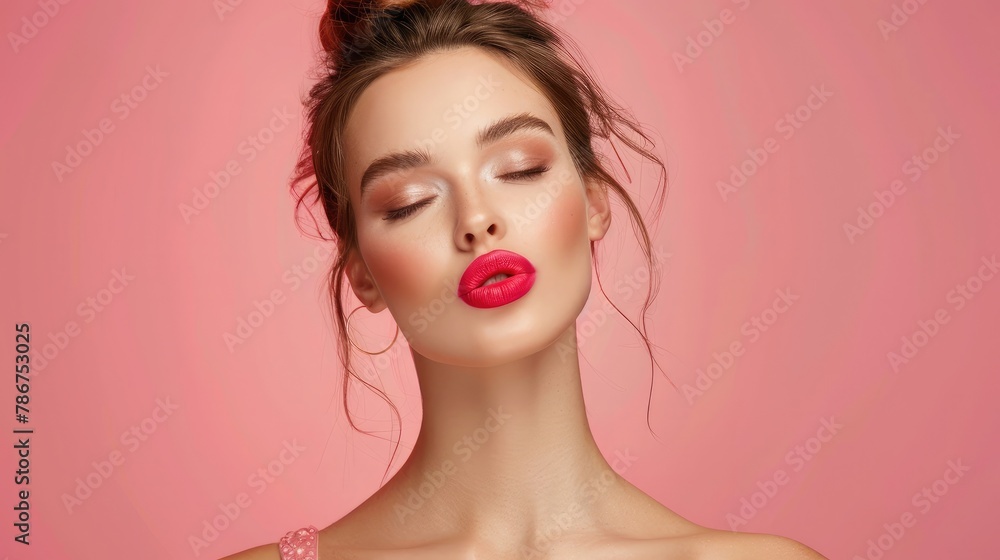 Cosmetics and skin care Portrait of beautiful woman pucker lips kissing showing natural clean facial skin standing over pink background Cosmetics and skin care Portrait of beautiful woman pucker lips kissing showing natural clean facial skin standing over pink background