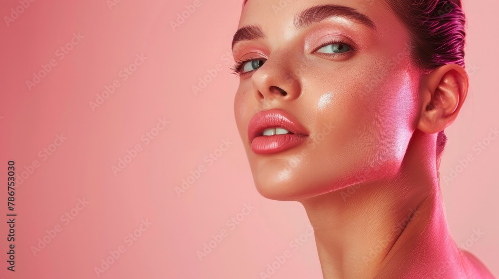 Cosmetics and skin care Portrait of beautiful woman pucker lips kissing showing natural clean facial skin standing over pink background Cosmetics and skin care Portrait of beautiful woman pucker lips kissing showing natural clean facial skin standing over pink background