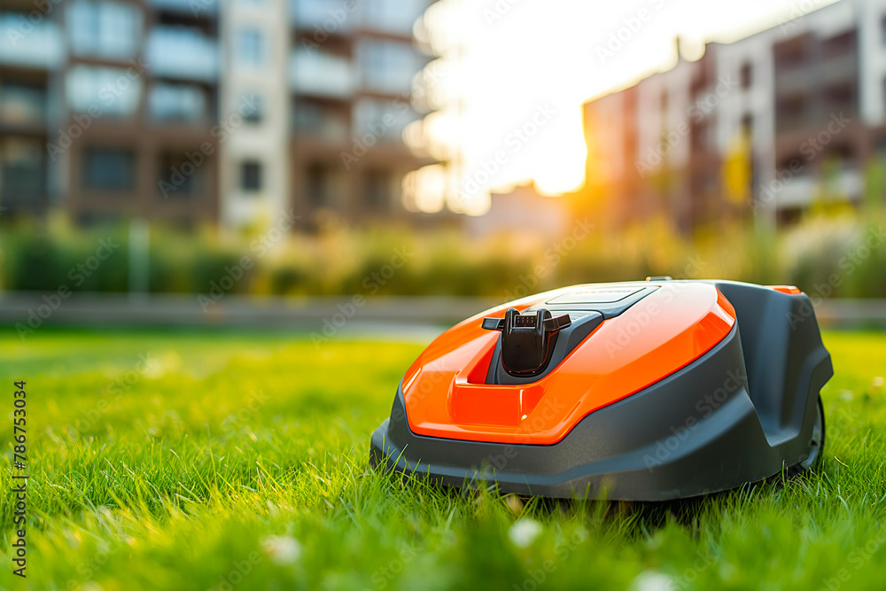 Automatic robotic lawn mower moving on green lawn near modern residential apartment building houses. Automated smart grass lawn mower robot working in sunny summer day. Urban city background Automatic robotic lawn mower moving on green lawn near modern residential apartment building houses. Automated smart grass lawn mower robot working in sunny summer day. Urban city background