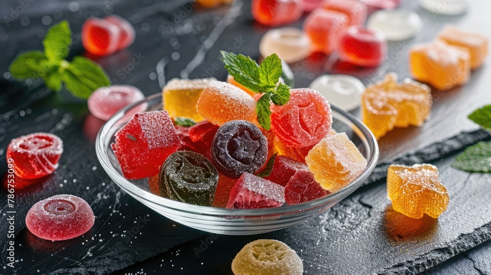 Different sweet candy, jelly and candied in a bowl. On the black chalkboard. Different sweet candy, jelly and candied in a bowl. On the black chalkboard.