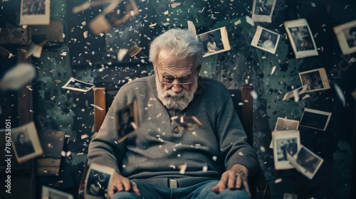 A poignant depiction of a senior man sitting surrounded by photographs that are slowly dissolving into thin air, symbolizing the fading of cherished memories. photo