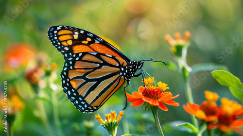 Radiant monarch butterfly resting on a blooming