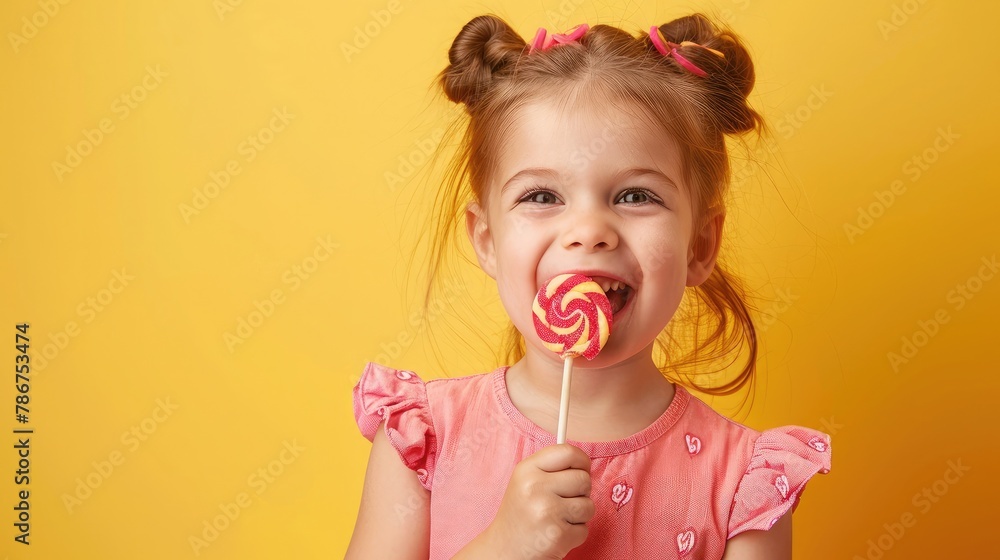 Happy young little child girl kid bite sweet lollypop candy on yellow background Happy young little child girl kid bite sweet lollypop candy on yellow background