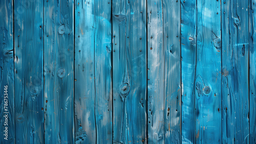 High quality photo of vibrant turquoise painted wooden planks, featuring the natural grain and rustic knots of the wood, perfect for lively and colorful design backgrounds