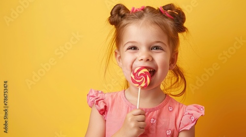 Happy young little child girl kid bite sweet lollypop candy on yellow background