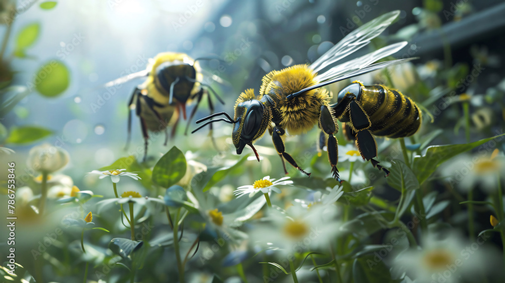 Robotic bees hover in a sunlit garden, high-tech biomimicry aiding in the pollination of delicate white flowers. Robotic bees hover in a sunlit garden, high-tech biomimicry aiding in the pollination of delicate white flowers.