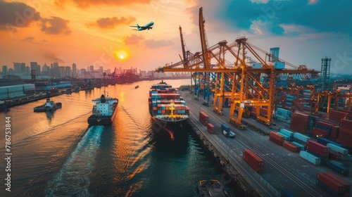 Logistics and transportation of Container Cargo ship and Cargo plane with working crane bridge in shipyard logistic import export and transport industry background