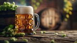 mug of beer wheat ears hops and beer barrel on a wooden background