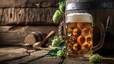 mug of beer wheat ears hops and beer barrel on a wooden background