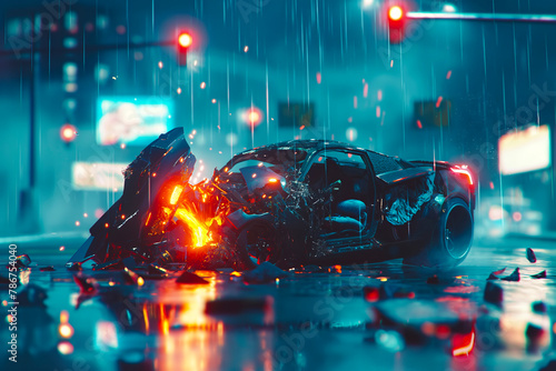 Dramatic night scene of a sports car accident with wreckage and debris on a wet road, illuminated by red and blue emergency lights under heavy rain.
