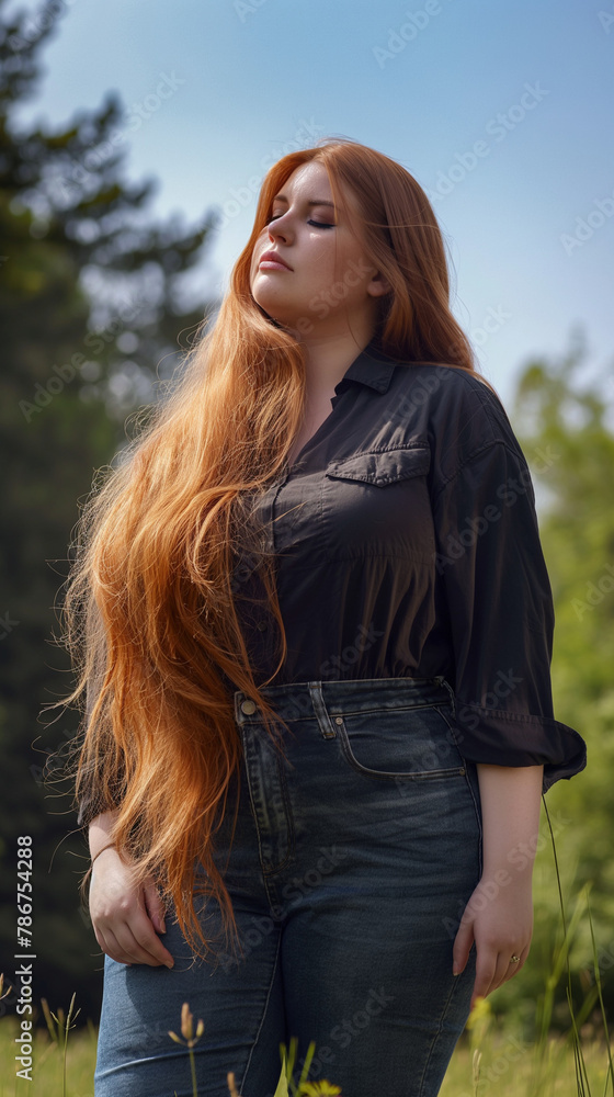 obese plus size fashion lady modelling in nature outdoors