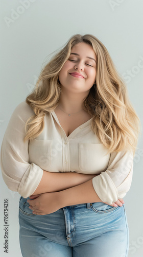 love yourself, close up of plus size beautiful model, overweight, obese, body positive blonde model happy, relaxed