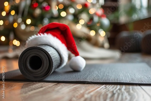 festive yoga mat with santa hat home decorated for christmas and new year healthy lifestyle concept