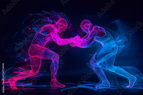 Neon wireframe silhouette of wrestling wrestlers isotated on black background. © Neon Hub