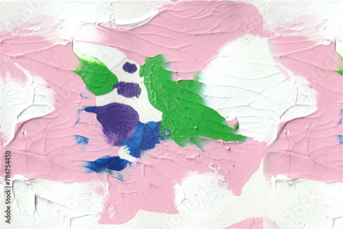 白と緑と紫と青とピンクのアクリル絵の具を画用紙に描いたアート