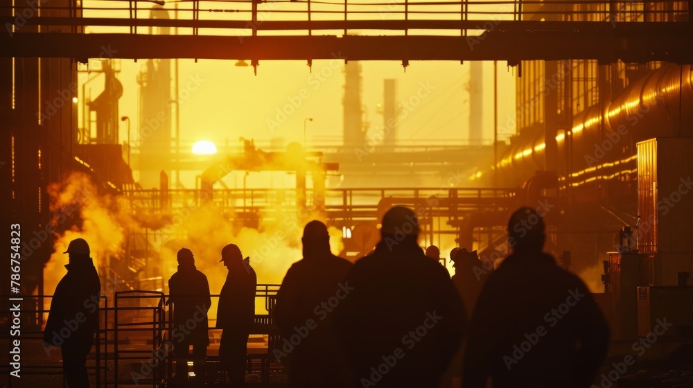 A powerful scene of workers clocking in at dawn, their silhouettes against the backdrop of a bustling factory, symbolizing the start of another day's contribution to industry and society.