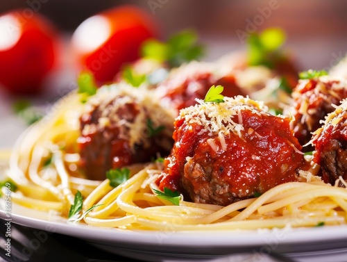 Spaghetti and Meatballs Tomato Sauce Pasta Plate Food Dinner Background Image 