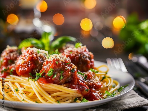Spaghetti and Meatballs Tomato Sauce Pasta Plate Food Dinner Background Image 