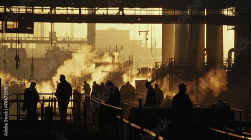 A powerful scene of workers clocking in at dawn, their silhouettes against the backdrop of a bustling factory, symbolizing the start of another day's contribution to industry and society. photo