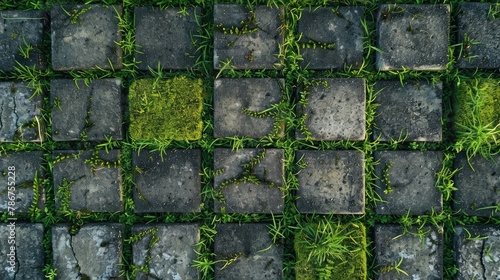Fototapeta Naklejka Na Ścianę i Meble -  Top view square block cement concrete green grass pattern parking. Geometric concrete Eco parking floor texture background. Eco-friendly parking of concrete cells and turf grass