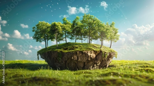 Travel and vacation background cut of the ground and the grass landscape The trees on the island eco design concept