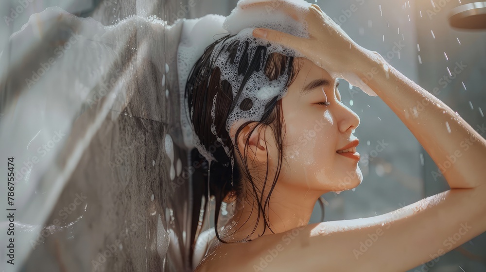 Obraz premium Woman washing hair with shampoo and shower in bathroom Asian female body and hair care with foam to freshness Spa and Health care