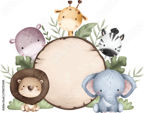 Photography Watercolor Illustration Wooden Board with Safari Animals and Tropical Leaves