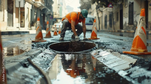 Worker over the open sewer hatch on a street near the traffic cones Concept of repair of sewage underground utilities water supply system cable laying water pipe accident photo