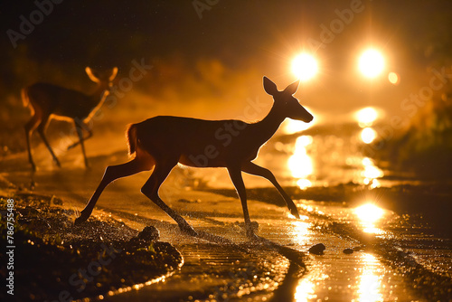 Deer running across road at nighttime, lit by car headlights. Road hazards, wildlife and transport concepts