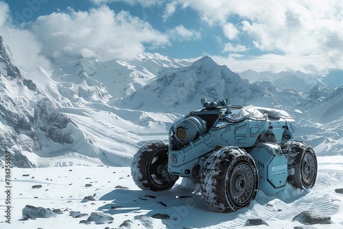 futuristic blue glacial rover exploring snowy mountains aigenerated scifi landscape digital art
