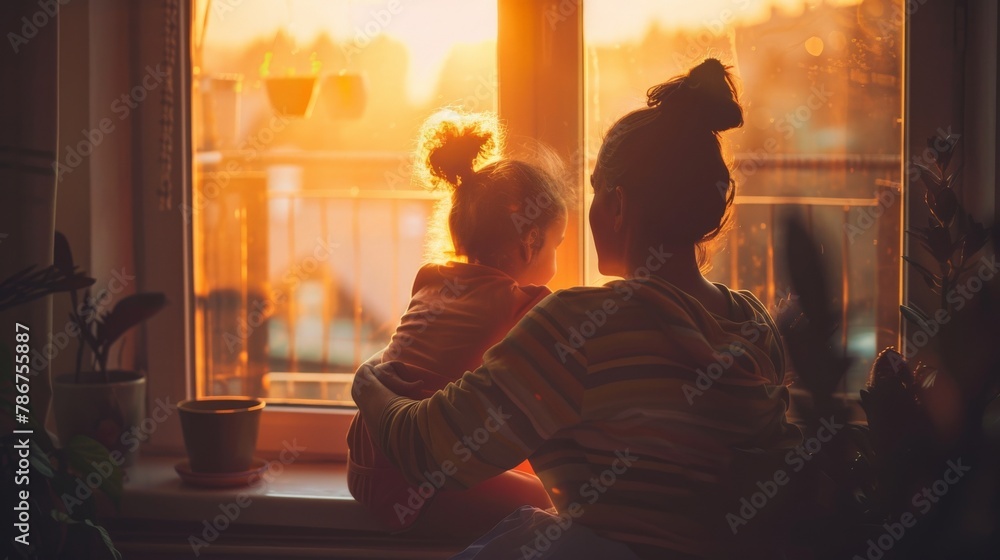 A quiet early morning scene where a mother and daughter sit by a window, watching the sunrise while embracing, their silent connection speaking volumes about the depth of their love and bond. A quiet early morning scene where a mother and daughter sit by a window, watching the sunrise while embracing, their silent connection speaking volumes about the depth of their love and bond.