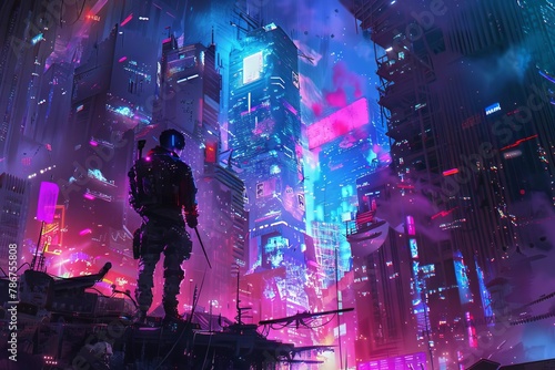 futuristic cyberpunk soldier in apocalyptic city ruins neon weapons digital painting
