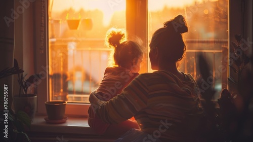 A quiet early morning scene where a mother and daughter sit by a window, watching the sunrise while embracing, their silent connection speaking volumes about the depth of their love and bond. photo